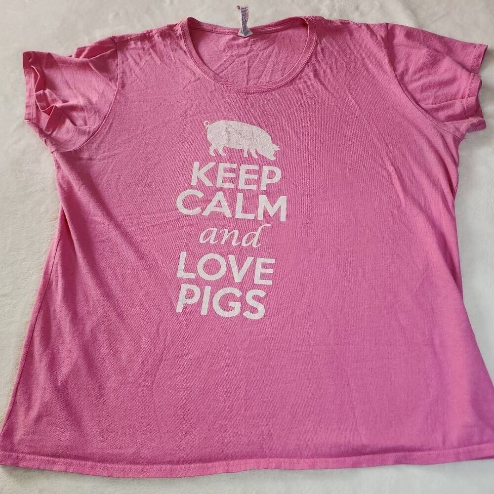 Gildan Pink Tshirt With White Pig Graphic Size 2XL
